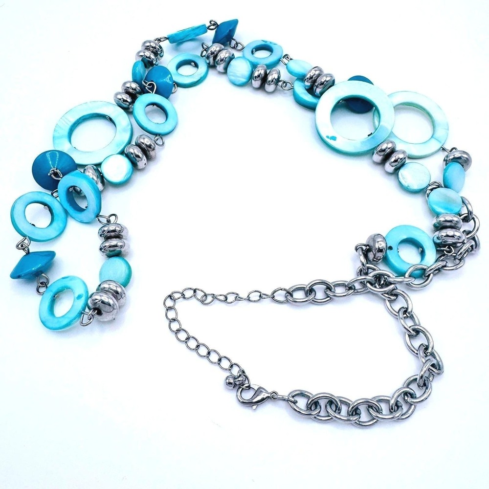 Boho Shell‎ Necklace 36 Long Blue Aqua Chunky Coastal Silver Tone Statement Y2K